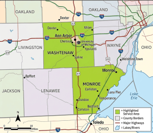 Map highlighting Washtenaw and Monroe counties with major highways and surrounding counties
